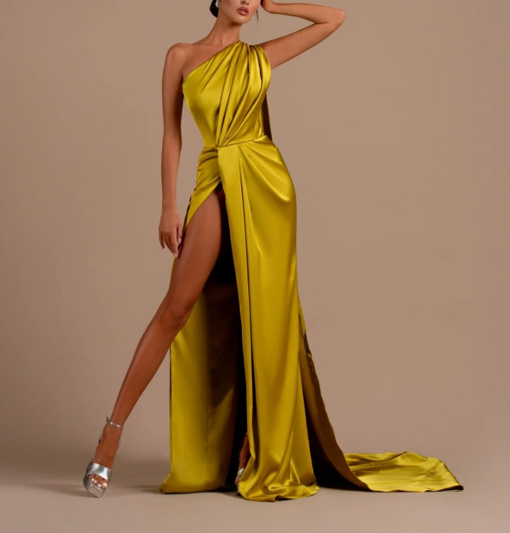 Women's One Shoulder Mermaid Prom Dresses Long Ball Gown Pleated Satin Formal Evening Dress with Slit